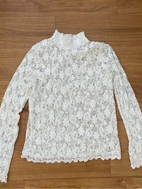 Free People Cream Floral Lace Long-Sleeve Mock Neck Top
